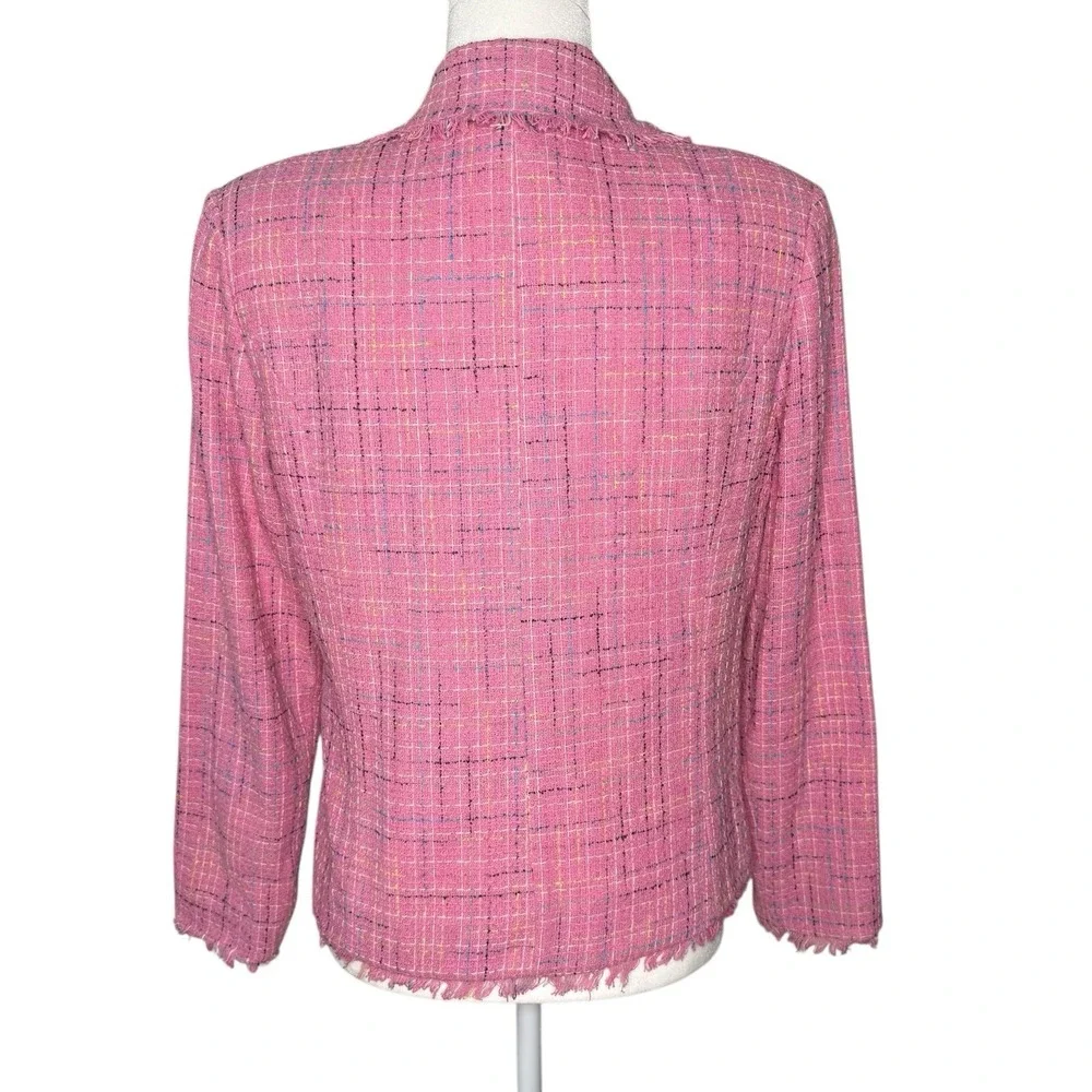 Anne‎ Carson Silk Tweed Blazer M Jacket Pink Frayed Hem Office Career Barbiecore